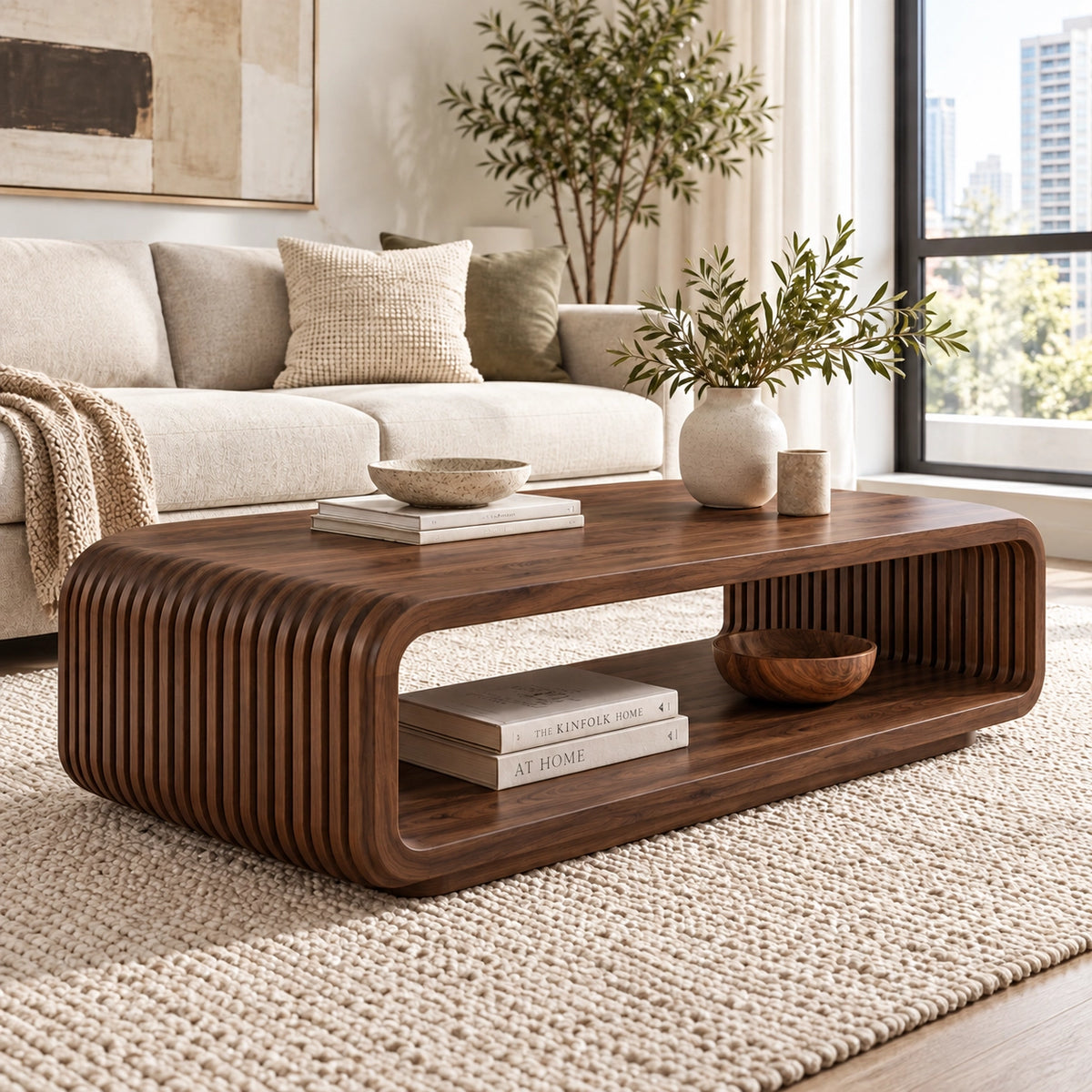 Fluted Coffee Table with Open Shelf in Natural Solid Wood Designs - Woodenecho - 9