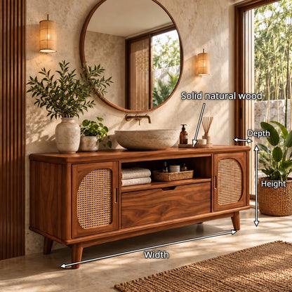 Freestanding Bathroom Vanity with Cane Doors, Open Towel Shelf and Vessel Basin - Woodenecho - 10