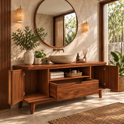 Freestanding Bathroom Vanity with Cane Doors, Open Towel Shelf and Vessel Basin - Woodenecho - 11