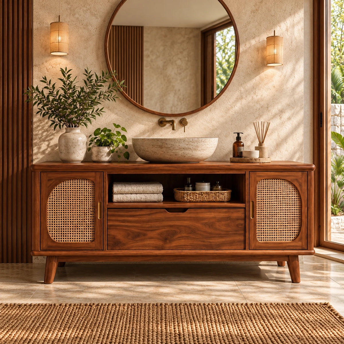 Freestanding Bathroom Vanity with Cane Doors, Open Towel Shelf and Vessel Basin - Woodenecho - 2