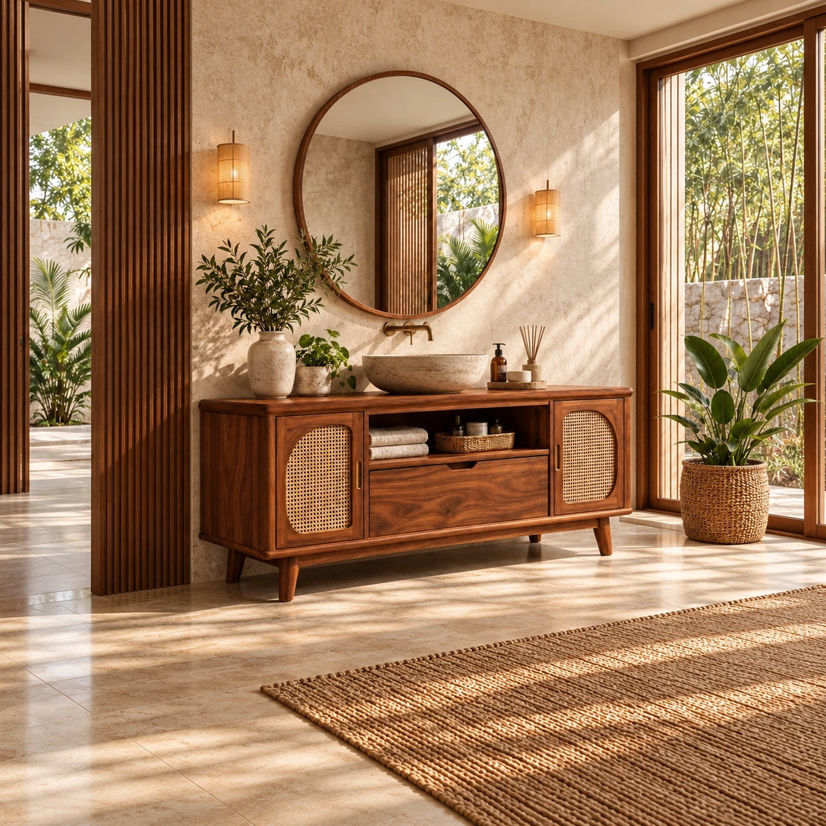 Freestanding Bathroom Vanity with Cane Doors, Open Towel Shelf and Vessel Basin - Woodenecho - 3