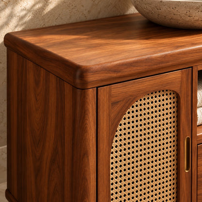 Freestanding Bathroom Vanity with Cane Doors, Open Towel Shelf and Vessel Basin - Woodenecho - 4