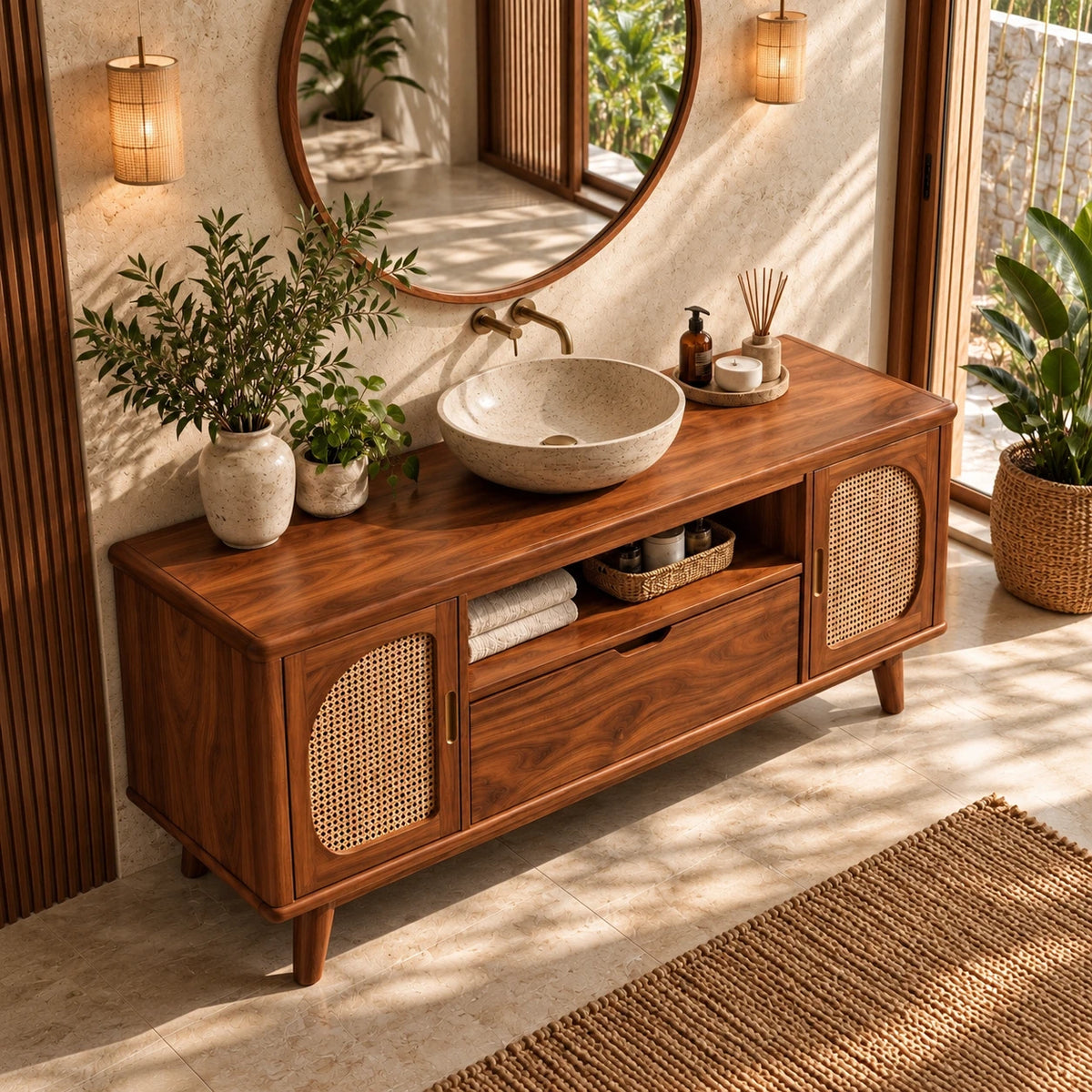 Freestanding Bathroom Vanity with Cane Doors, Open Towel Shelf and Vessel Basin - Woodenecho - 5
