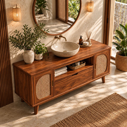 Freestanding Bathroom Vanity with Cane Doors, Open Towel Shelf and Vessel Basin - Woodenecho - 5
