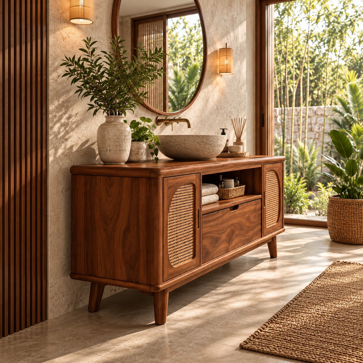Freestanding Bathroom Vanity with Cane Doors, Open Towel Shelf and Vessel Basin - Woodenecho - 6