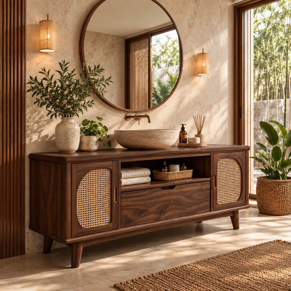 Freestanding Bathroom Vanity with Cane Doors, Open Towel Shelf and Vessel Basin - Woodenecho - 7