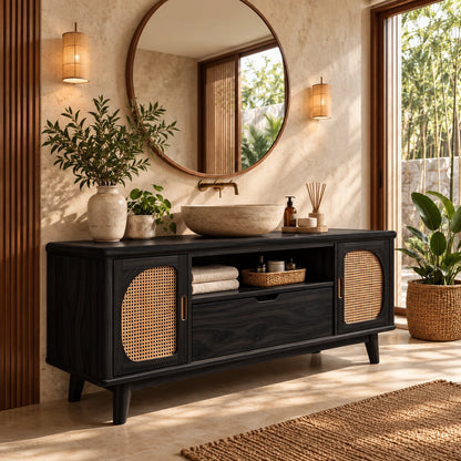 Freestanding Bathroom Vanity with Cane Doors, Open Towel Shelf and Vessel Basin - Woodenecho - 9