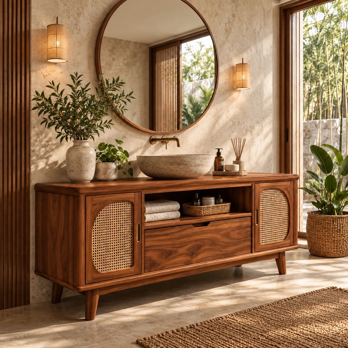 Freestanding Bathroom Vanity with Cane Doors, Open Towel Shelf and Vessel Basin - Woodenecho