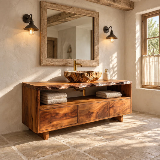 Freestanding Bathroom Vanity with Live-Edge Top and Three Finger-Pull Drawers - Woodenecho