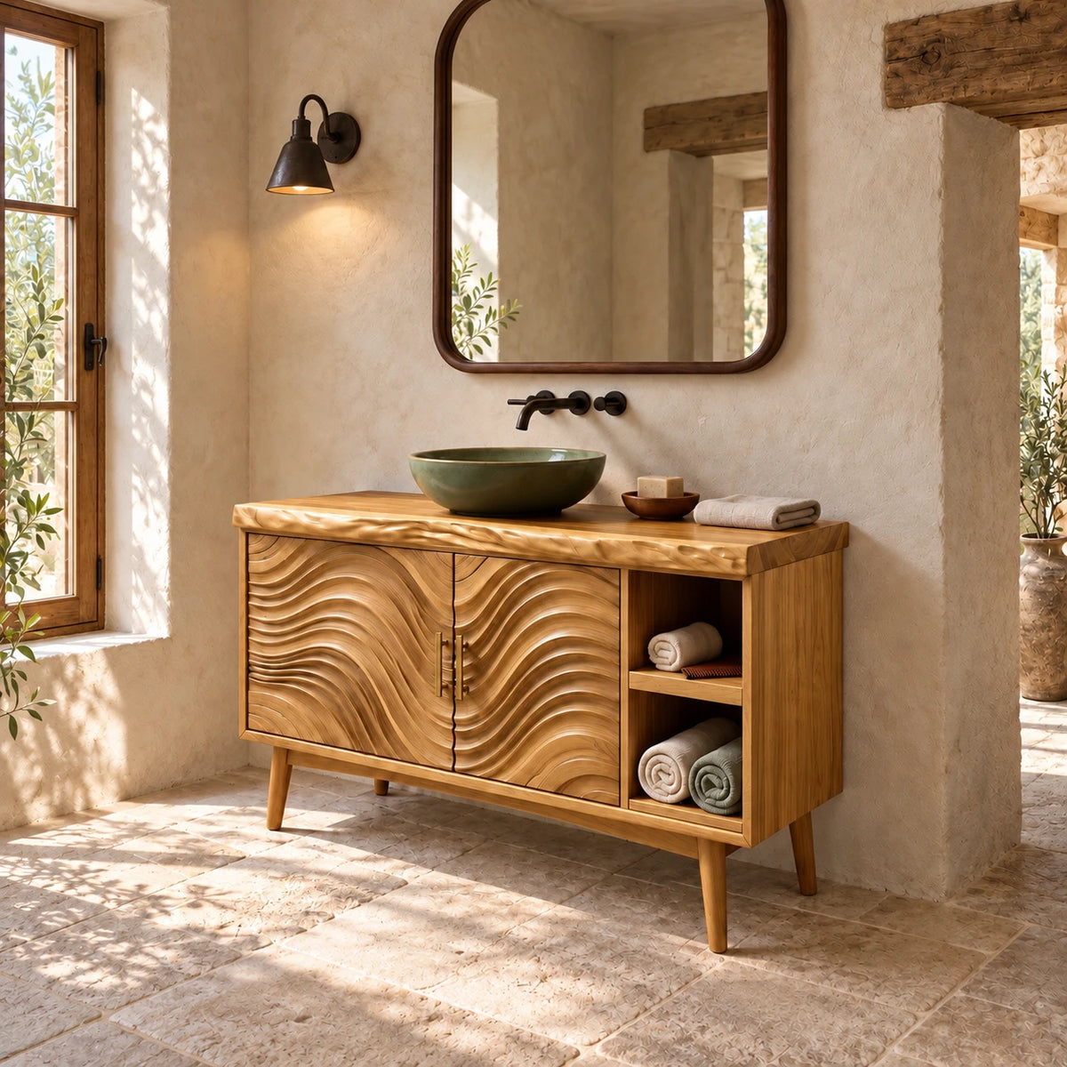 Freestanding Bathroom Vanity with Live-Edge Top, Wave Doors and Tapered Legs - Woodenecho - 10