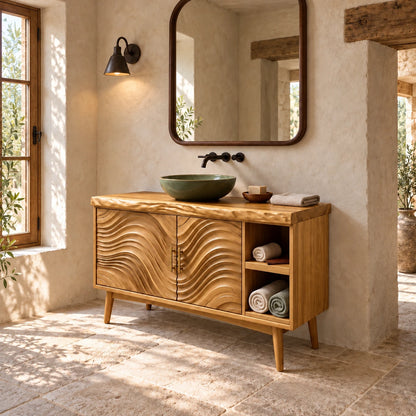 Freestanding Bathroom Vanity with Live-Edge Top, Wave Doors and Tapered Legs - Woodenecho - 10