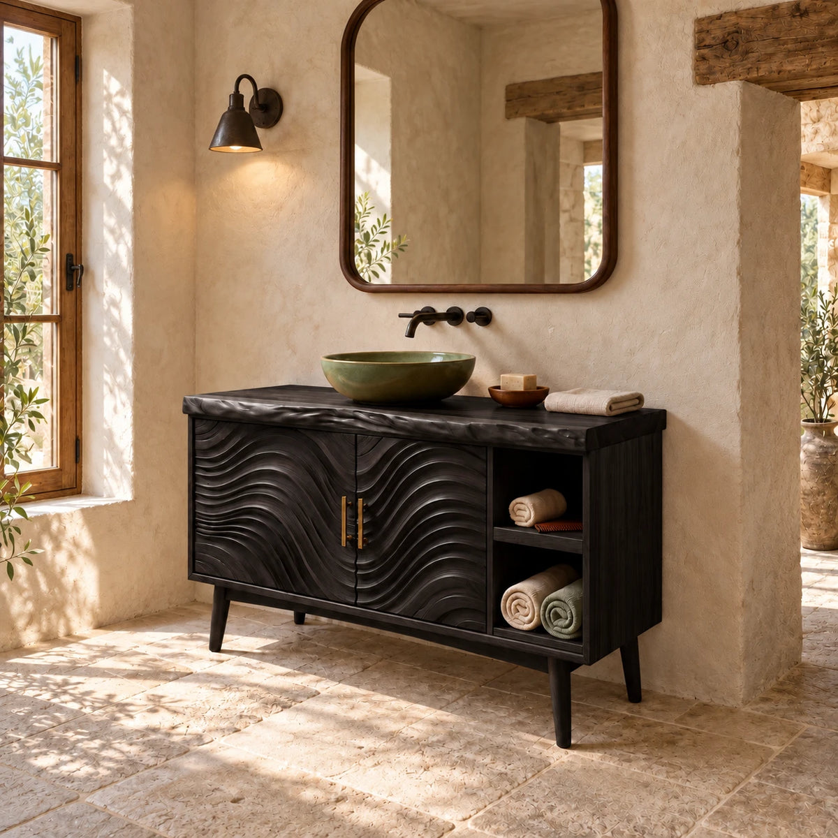 Freestanding Bathroom Vanity with Live-Edge Top, Wave Doors and Tapered Legs - Woodenecho - 11