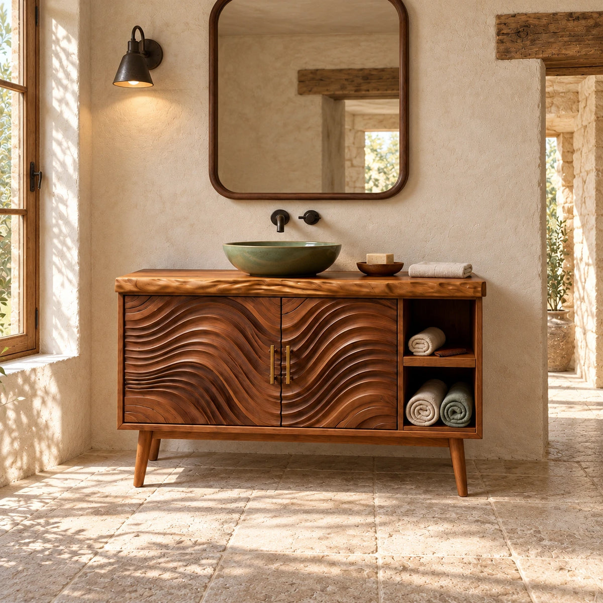 Freestanding Bathroom Vanity with Live-Edge Top, Wave Doors and Tapered Legs - Woodenecho - 2
