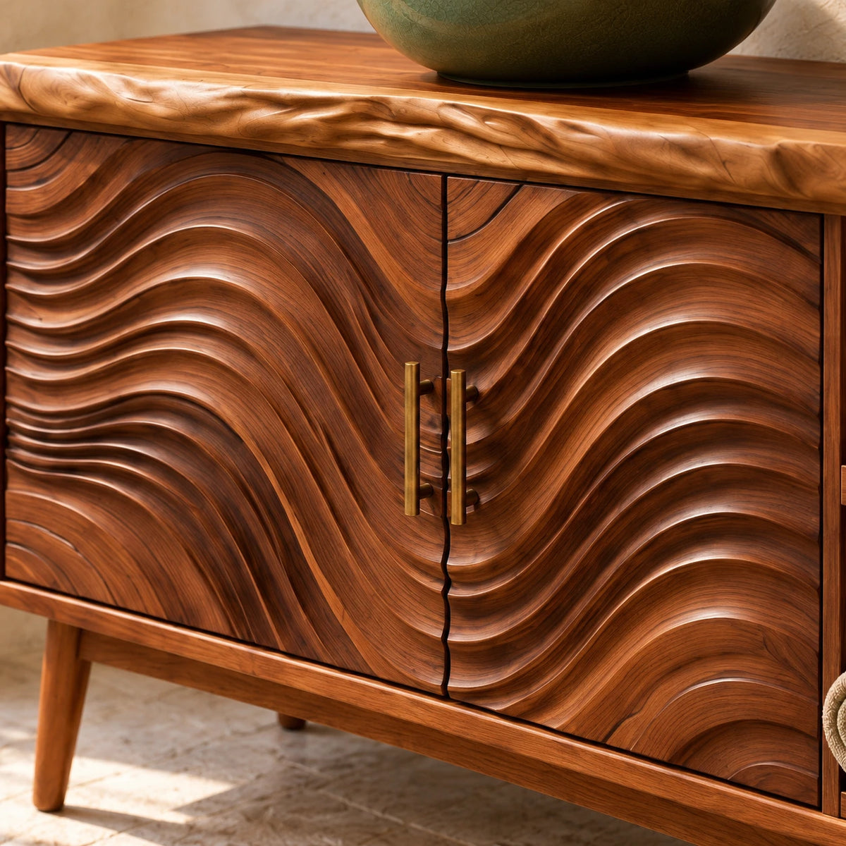 Freestanding Bathroom Vanity with Live-Edge Top, Wave Doors and Tapered Legs - Woodenecho - 4
