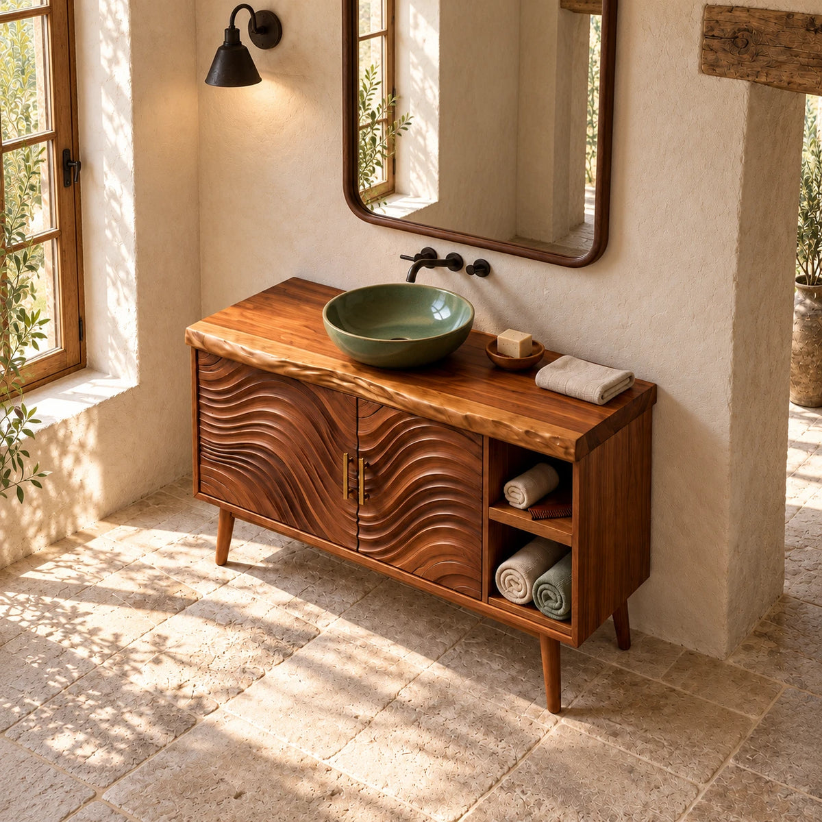 Freestanding Bathroom Vanity with Live-Edge Top, Wave Doors and Tapered Legs - Woodenecho - 5