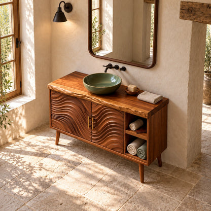 Freestanding Bathroom Vanity with Live-Edge Top, Wave Doors and Tapered Legs - Woodenecho - 5