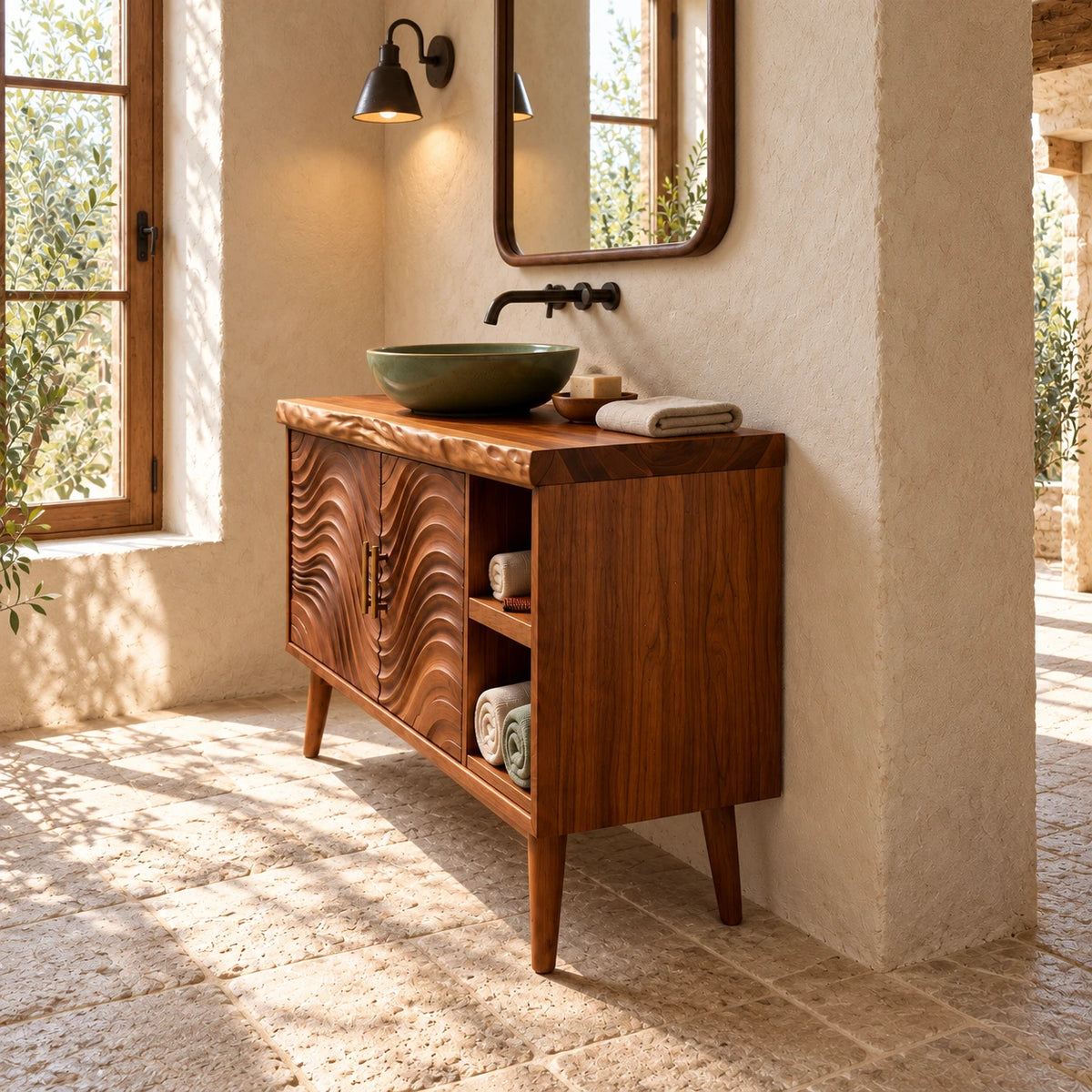 Freestanding Bathroom Vanity with Live-Edge Top, Wave Doors and Tapered Legs - Woodenecho - 6