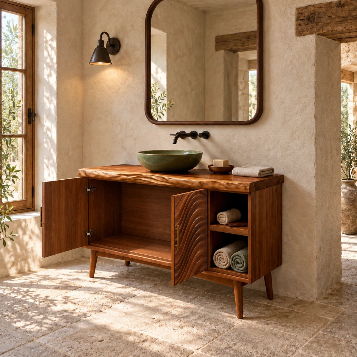 Freestanding Bathroom Vanity with Live-Edge Top, Wave Doors and Tapered Legs - Woodenecho - 7