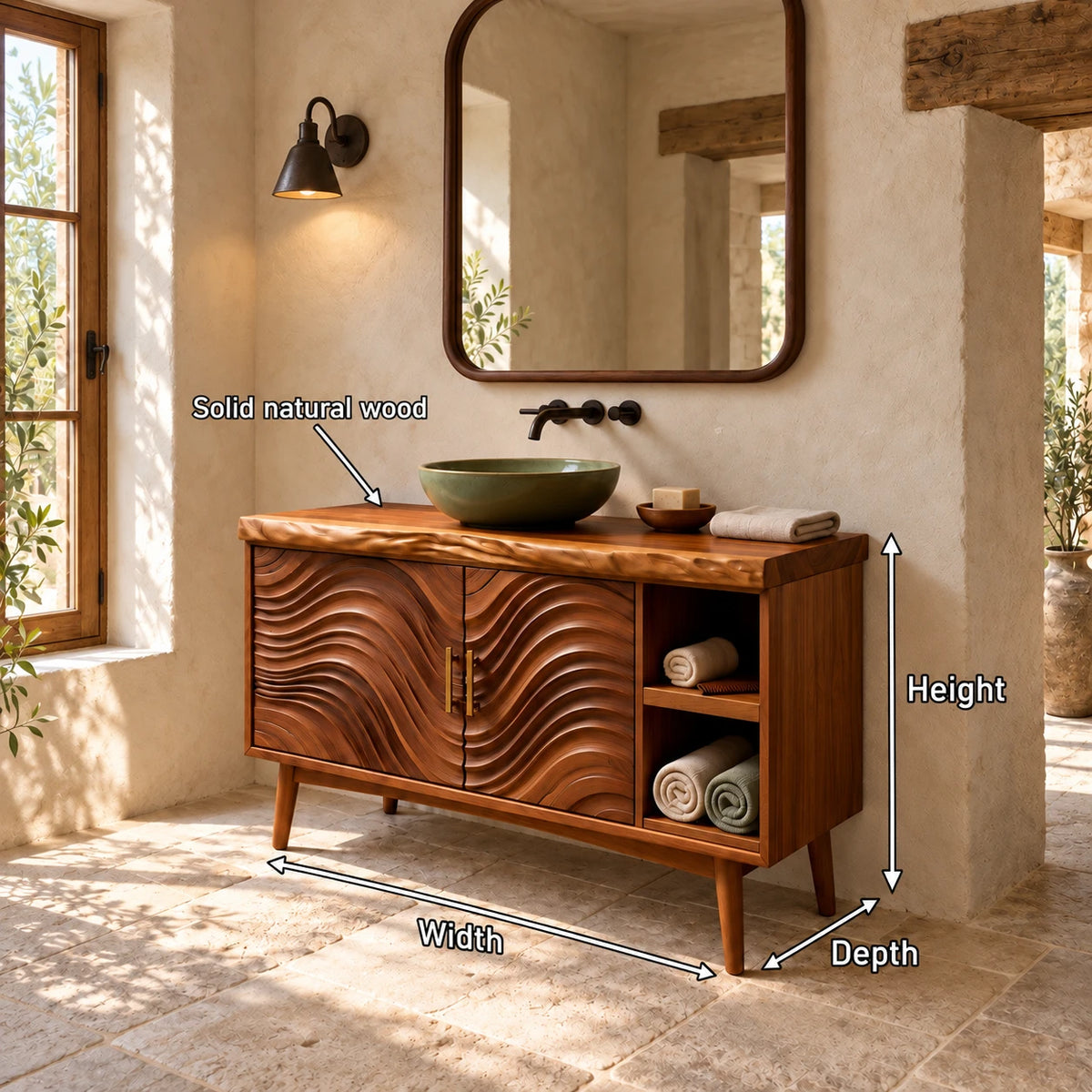 Freestanding Bathroom Vanity with Live-Edge Top, Wave Doors and Tapered Legs - Woodenecho - 8