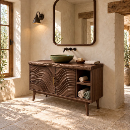 Freestanding Bathroom Vanity with Live-Edge Top, Wave Doors and Tapered Legs - Woodenecho - 9