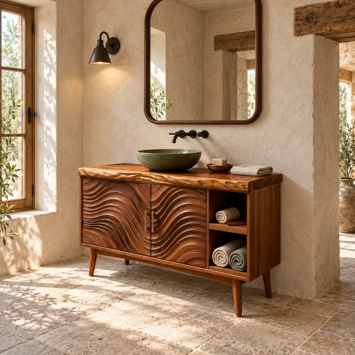 Freestanding Bathroom Vanity with Live-Edge Top, Wave Doors and Tapered Legs - Woodenecho