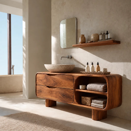 Freestanding Bathroom Vanity with Rounded Pebble Body, Two Drawers and Open Bay - Woodenecho
