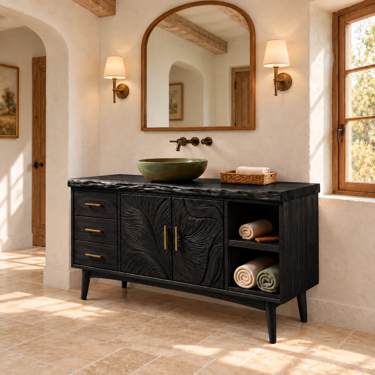 Freestanding Bathroom Vanity with Three Drawers, Twin Open Bays and Tapered Legs - Woodenecho - 11