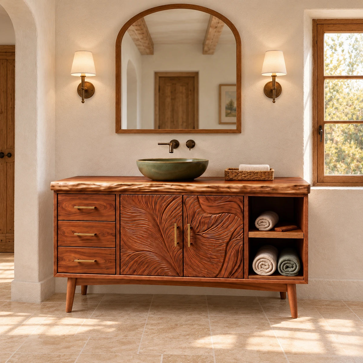 Freestanding Bathroom Vanity with Three Drawers, Twin Open Bays and Tapered Legs - Woodenecho - 2