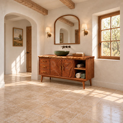 Freestanding Bathroom Vanity with Three Drawers, Twin Open Bays and Tapered Legs - Woodenecho - 3