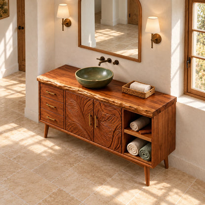 Freestanding Bathroom Vanity with Three Drawers, Twin Open Bays and Tapered Legs - Woodenecho - 5