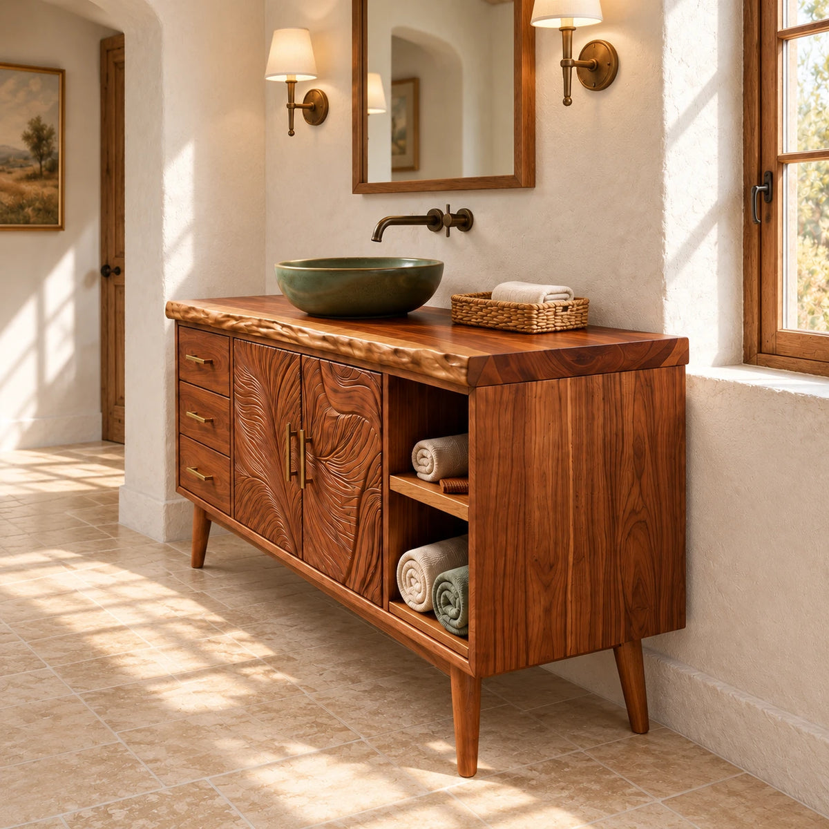 Freestanding Bathroom Vanity with Three Drawers, Twin Open Bays and Tapered Legs - Woodenecho - 6