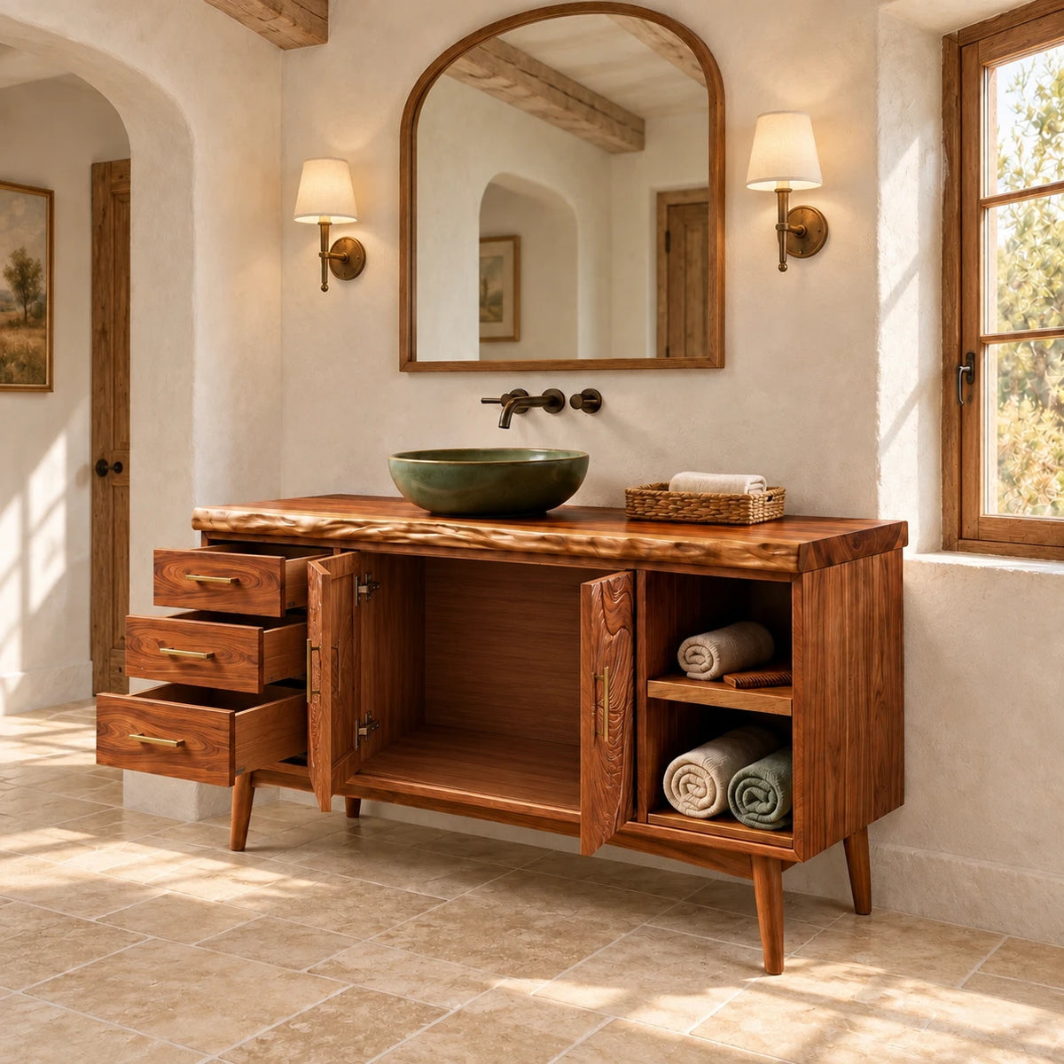 Freestanding Bathroom Vanity with Three Drawers, Twin Open Bays and Tapered Legs - Woodenecho - 7