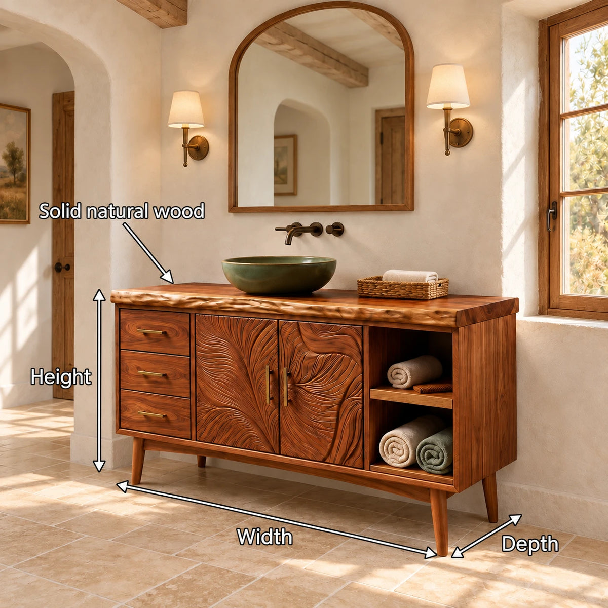 Freestanding Bathroom Vanity with Three Drawers, Twin Open Bays and Tapered Legs - Woodenecho - 8