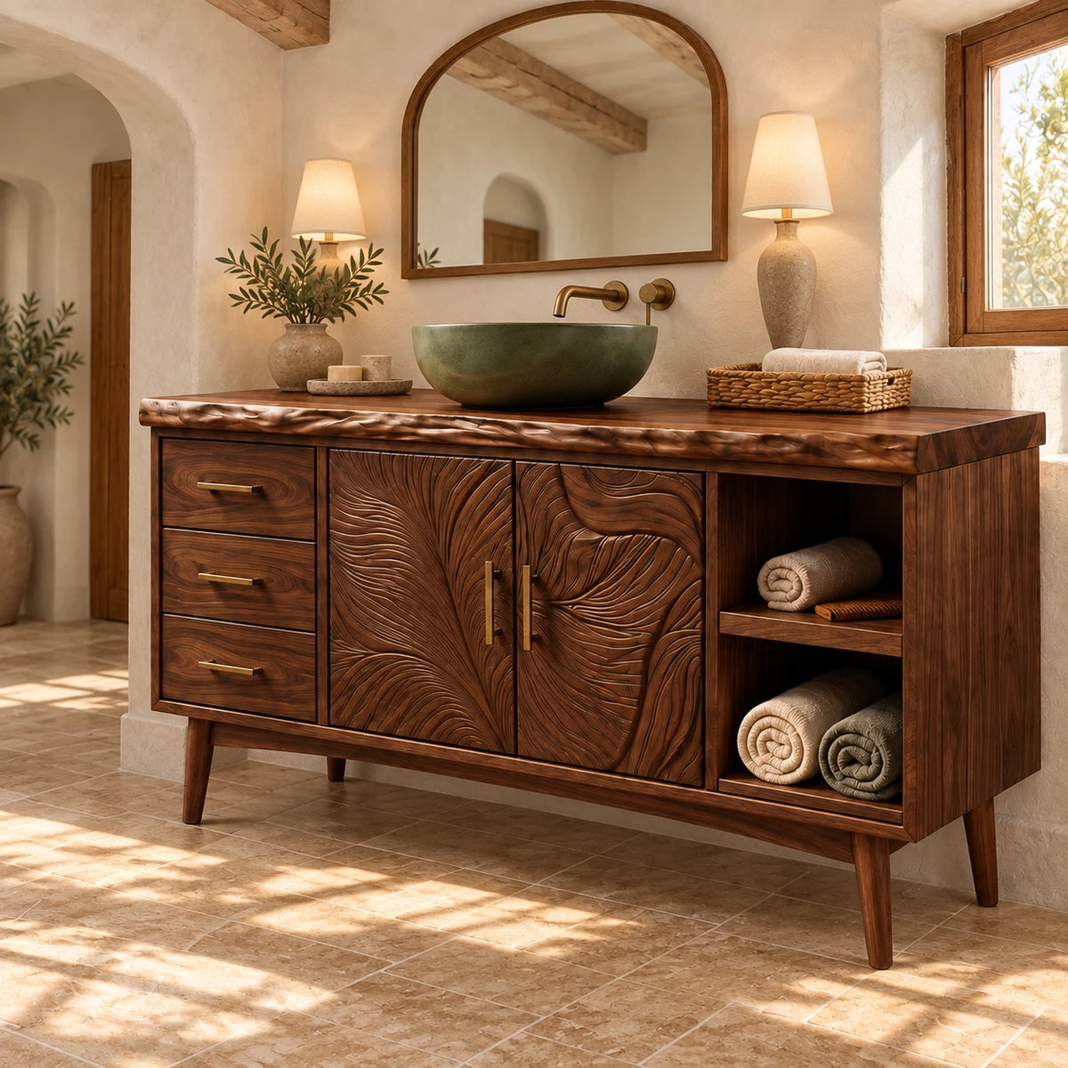Freestanding Bathroom Vanity with Three Drawers, Twin Open Bays and Tapered Legs - Woodenecho - 9