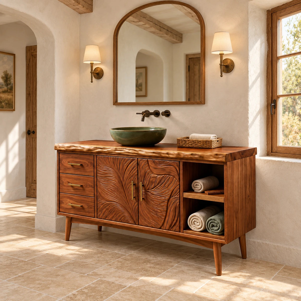 Freestanding Bathroom Vanity with Three Drawers, Twin Open Bays and Tapered Legs - Woodenecho