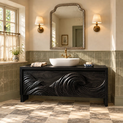 Freestanding Bathroom Vanity with Wave-Carved Doors and Oval Vessel Basin - Woodenecho - 11