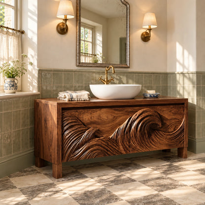 Freestanding Bathroom Vanity with Wave-Carved Doors and Oval Vessel Basin - Woodenecho - 2