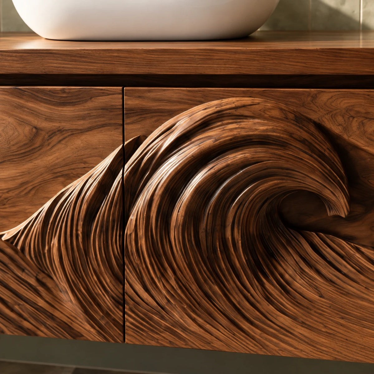 Freestanding Bathroom Vanity with Wave-Carved Doors and Oval Vessel Basin - Woodenecho - 4