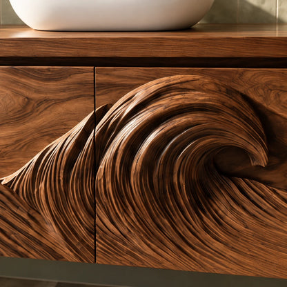 Freestanding Bathroom Vanity with Wave-Carved Doors and Oval Vessel Basin - Woodenecho - 4