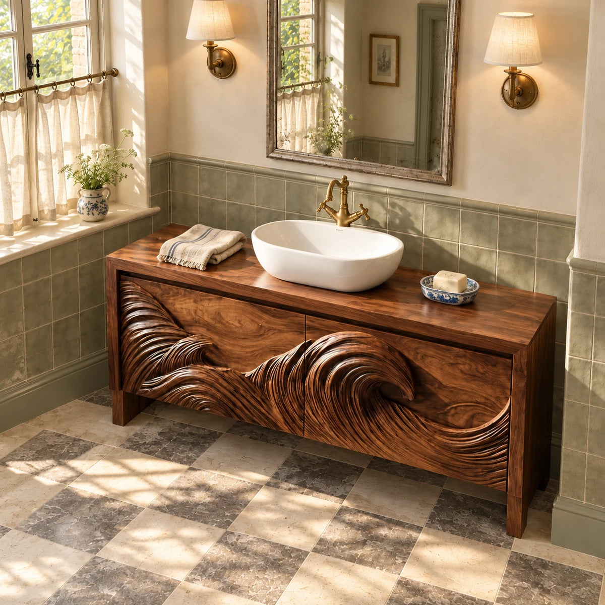 Freestanding Bathroom Vanity with Wave-Carved Doors and Oval Vessel Basin - Woodenecho - 5
