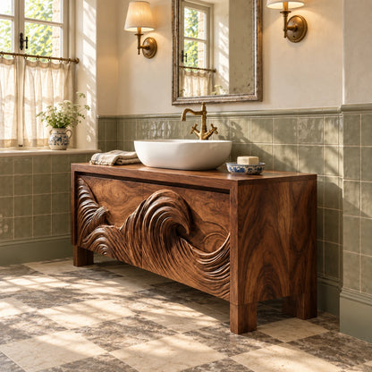 Freestanding Bathroom Vanity with Wave-Carved Doors and Oval Vessel Basin - Woodenecho - 6