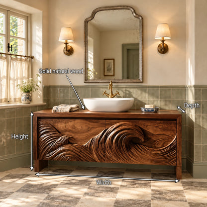 Freestanding Bathroom Vanity with Wave-Carved Doors and Oval Vessel Basin - Woodenecho - 8