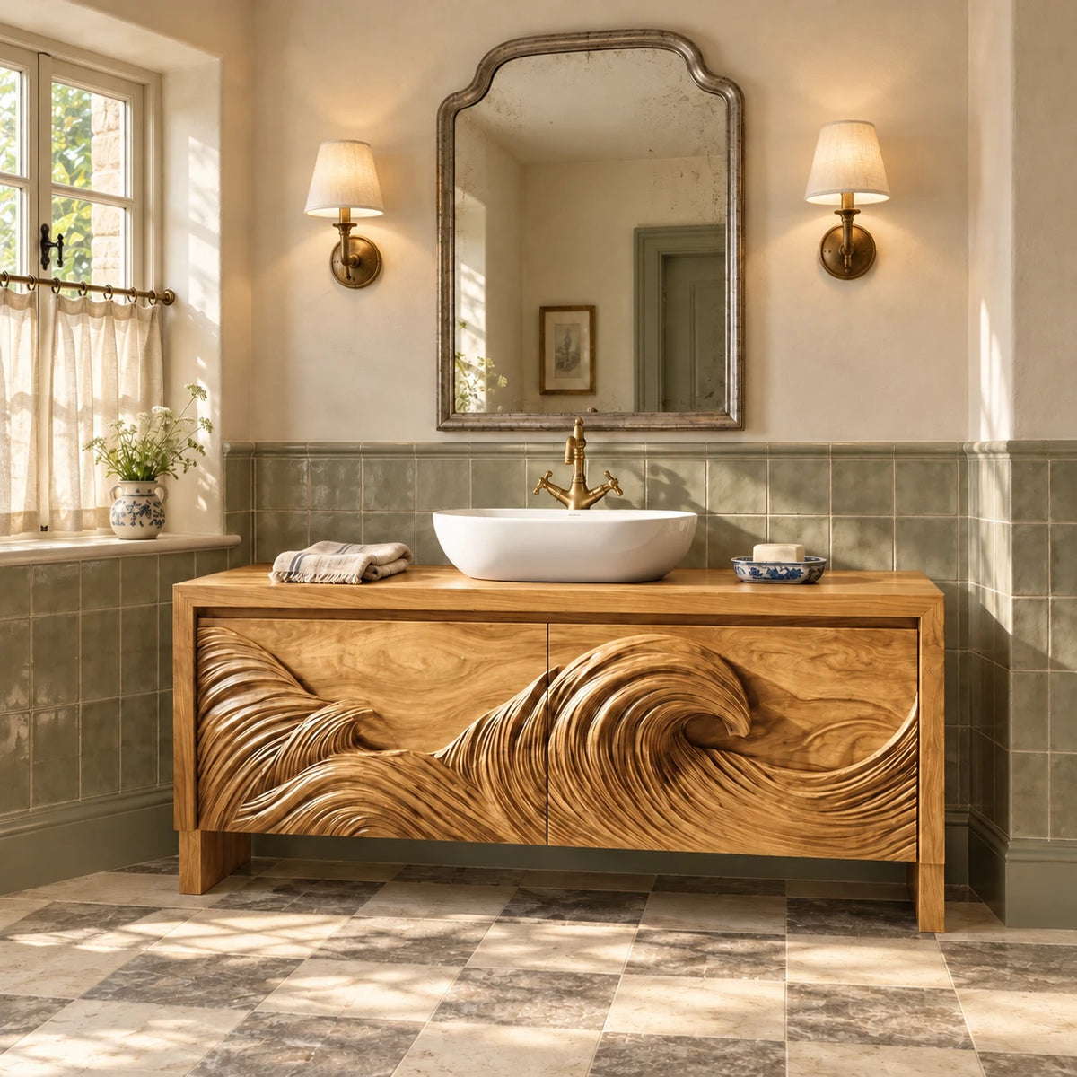Freestanding Bathroom Vanity with Wave-Carved Doors and Oval Vessel Basin - Woodenecho - 9