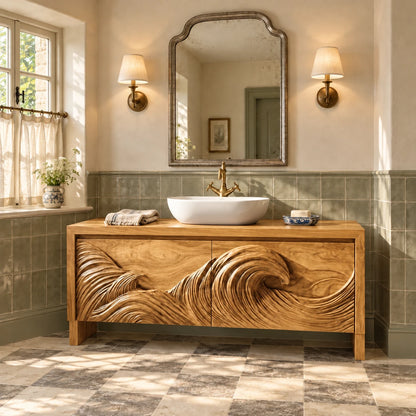 Freestanding Bathroom Vanity with Wave-Carved Doors and Oval Vessel Basin - Woodenecho - 9