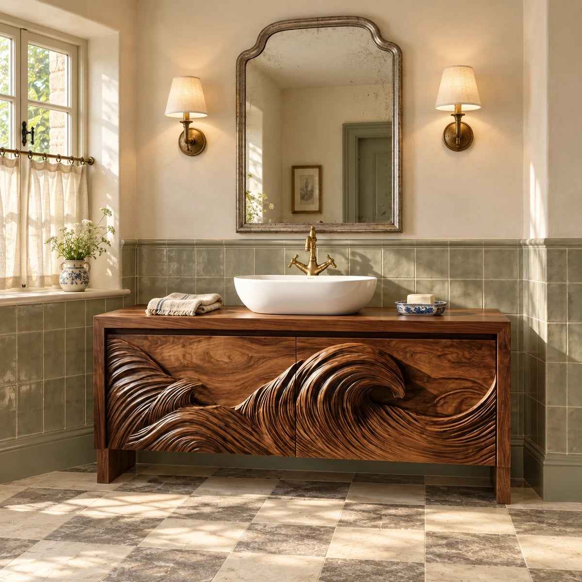 Freestanding Bathroom Vanity with Wave-Carved Doors and Oval Vessel Basin - Woodenecho