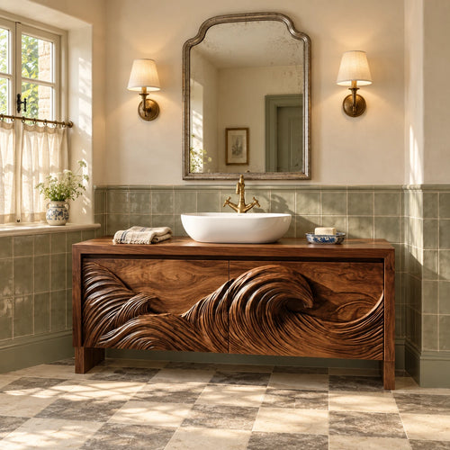 Freestanding Bathroom Vanity with Wave-Carved Doors and Oval Vessel Basin - Woodenecho