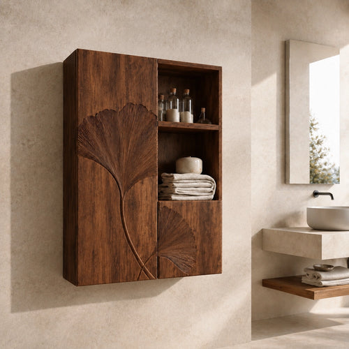 Ginkgo-Carved Bathroom Cabinet with Open Shelving in Natural Solid Wood - Woodenecho - 1
