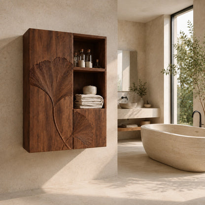 Ginkgo-Carved Bathroom Cabinet with Open Shelving in Natural Solid Wood - Woodenecho - 2