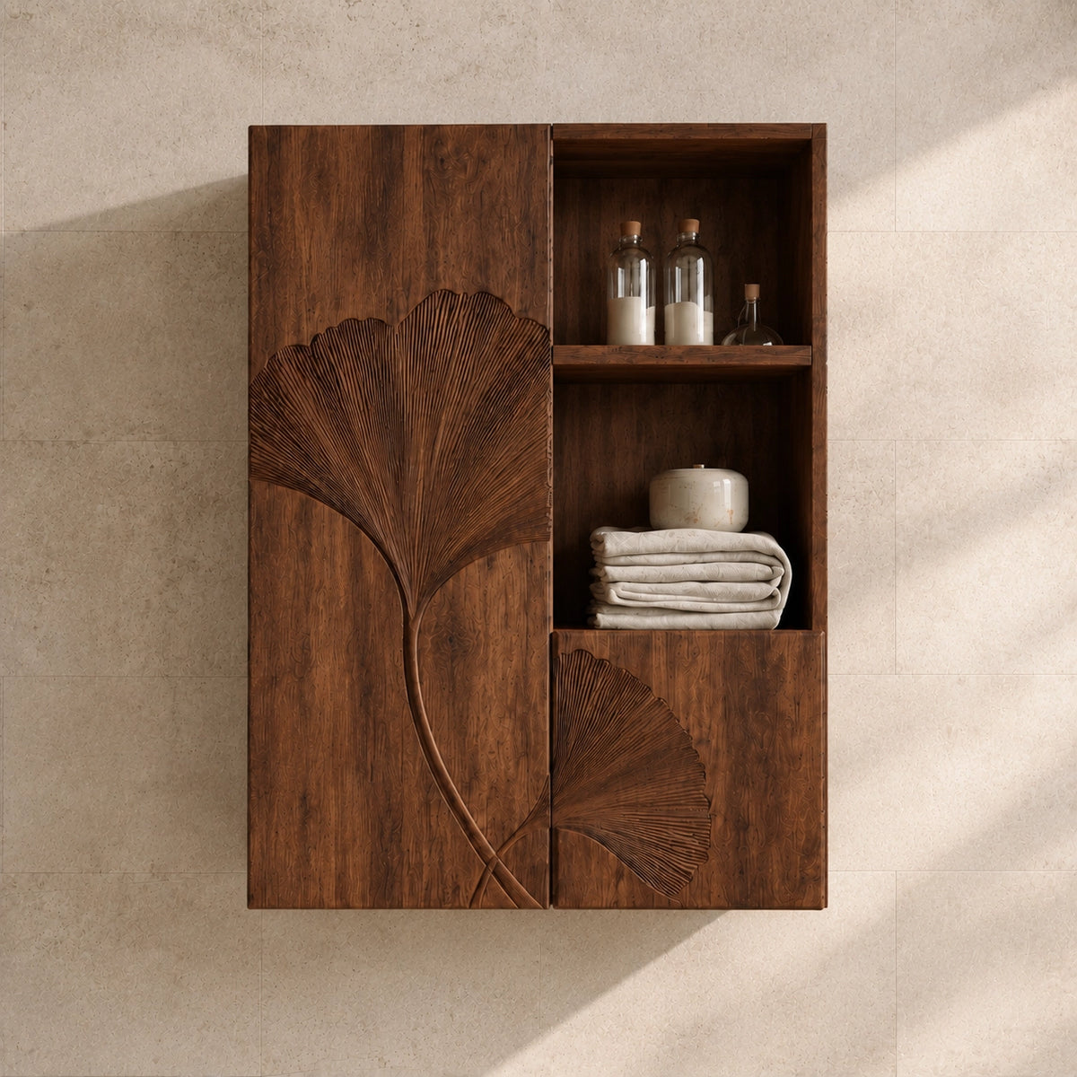 Ginkgo-Carved Bathroom Cabinet with Open Shelving in Natural Solid Wood - Woodenecho - 3