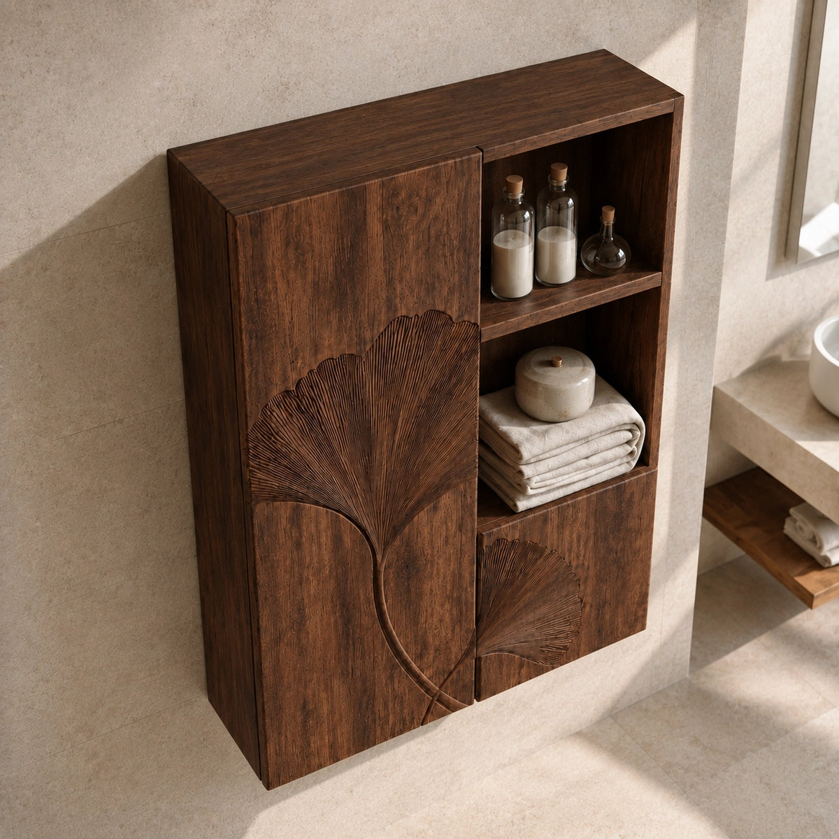Ginkgo-Carved Bathroom Cabinet with Open Shelving in Natural Solid Wood - Woodenecho - 4